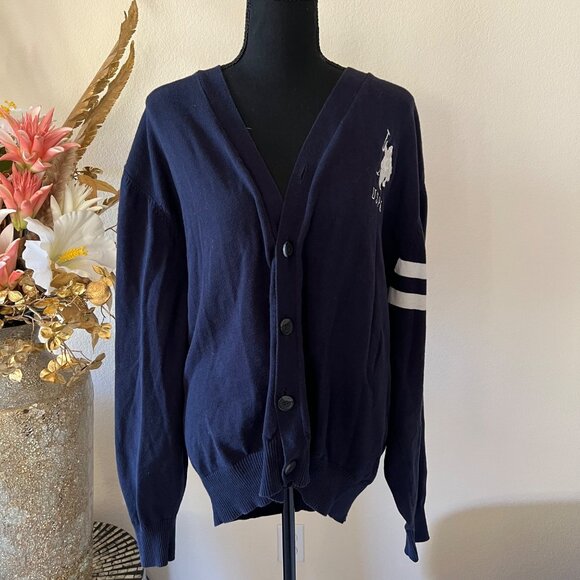 U.S. Polo Assn. Sweaters - U.S Polo Assn. Embroidered Striped Navy Blue Oversized Cardigan Sweater XL